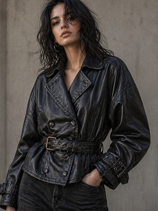 Vintage Jackets & Blazers - Vintage Spiegel Black Leather Jacket Belted Moto Style Size Small/Medium